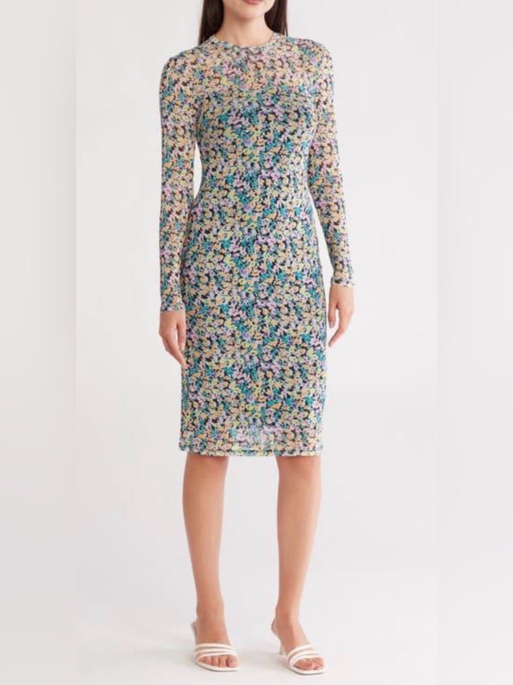 AFRM Loah Long Sleeve Mesh Midi Dress Floral Multi‎